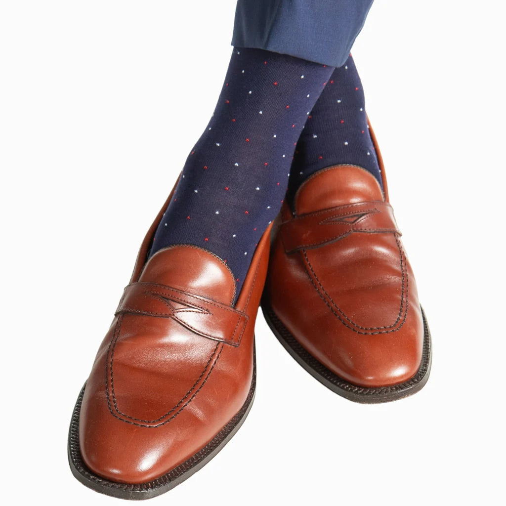 Dapper Classics Classic Navy with Red and White Pin Dots and American Flag Cotton Sock Linked Toe