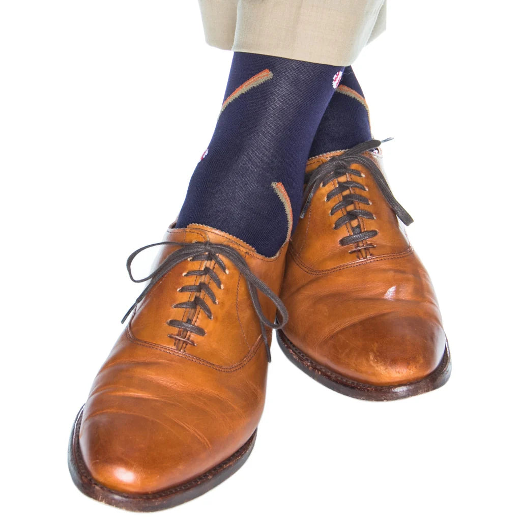 Dapper Classics Classic Navy and Red Tipping with Baseball and Bat Cotton Sock Linked Toe Mid-Calf