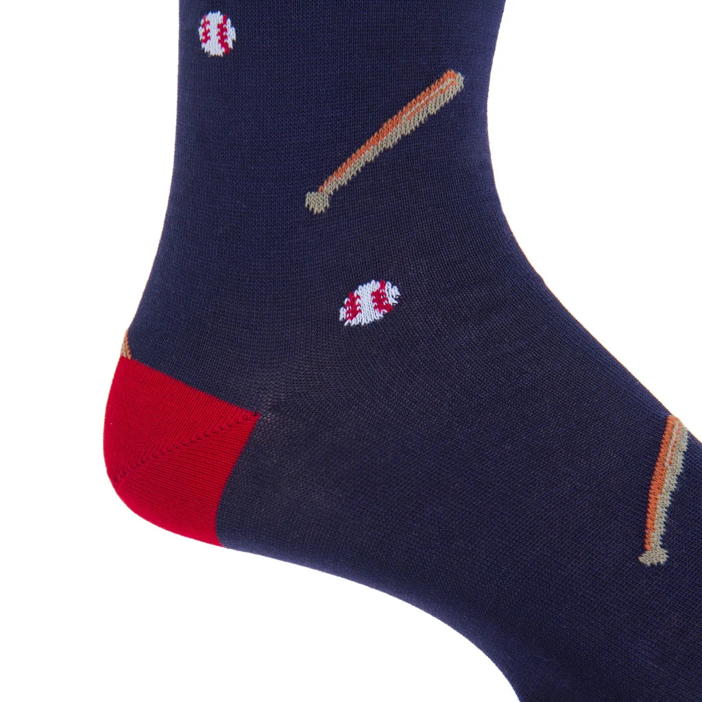 Dapper Classics Classic Navy and Red Tipping with Baseball and Bat Cotton Sock Linked Toe Mid-Calf