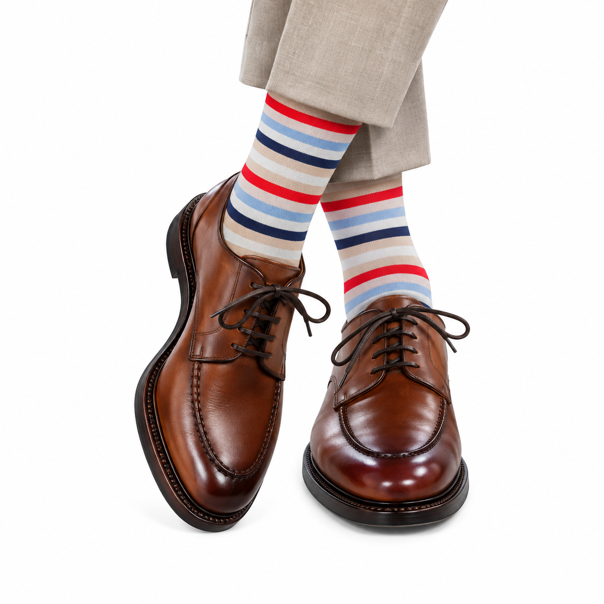 Dapper Classics Fine Hosiery Tan Cream Red Sly Blue & Indigo Quad Stripe