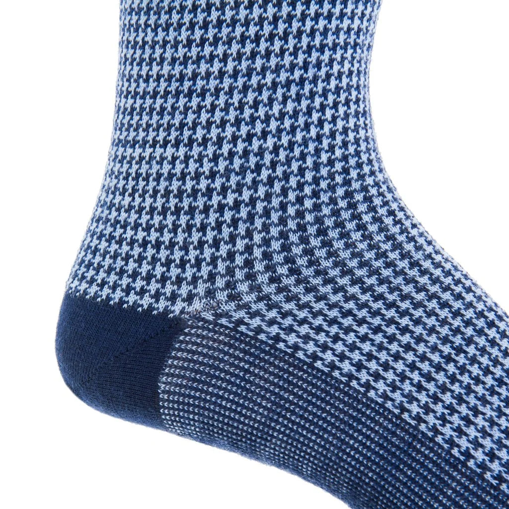 Dapper Classics Navy and Sky Blue Houndstooth Fine Merino Wool Sock Linked Toe