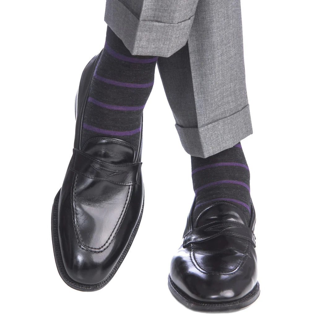 Dapper Classics Charcoal with Purple Stripe Fine Merino Wool Sock Linked Toe