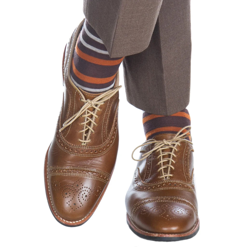 Dapper Classics Coffee with Burnt Orange and Cream Double Stripe Fine Merino Wool Sock Linked Toe