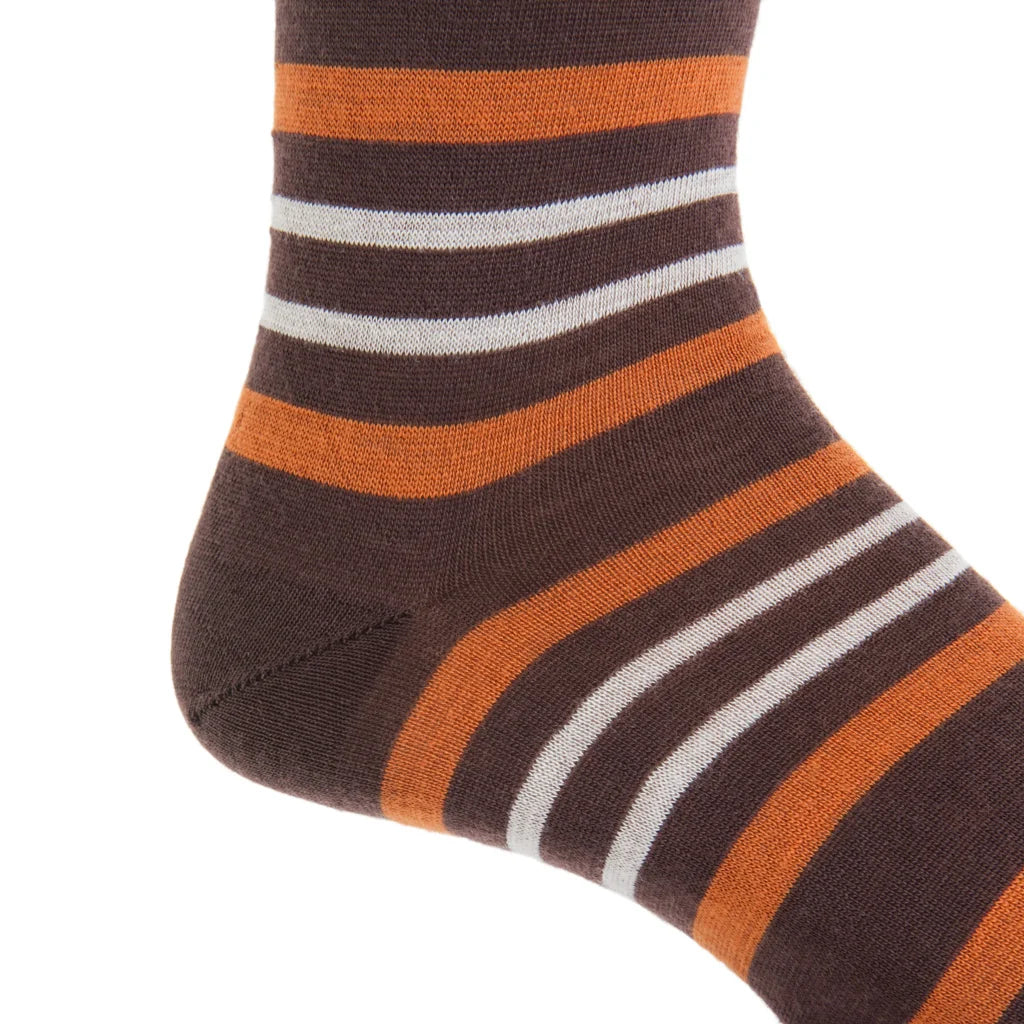 Dapper Classics Coffee with Burnt Orange and Cream Double Stripe Fine Merino Wool Sock Linked Toe