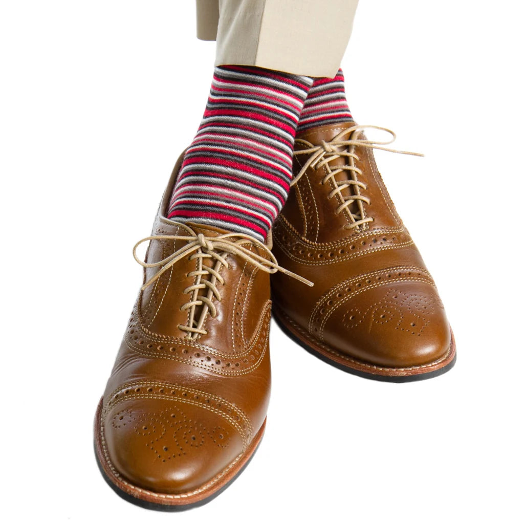 Dapper Classics Black with Red, White, and Charcoal Variegated Stripe Fine Merino Wool Sock Linked Toe