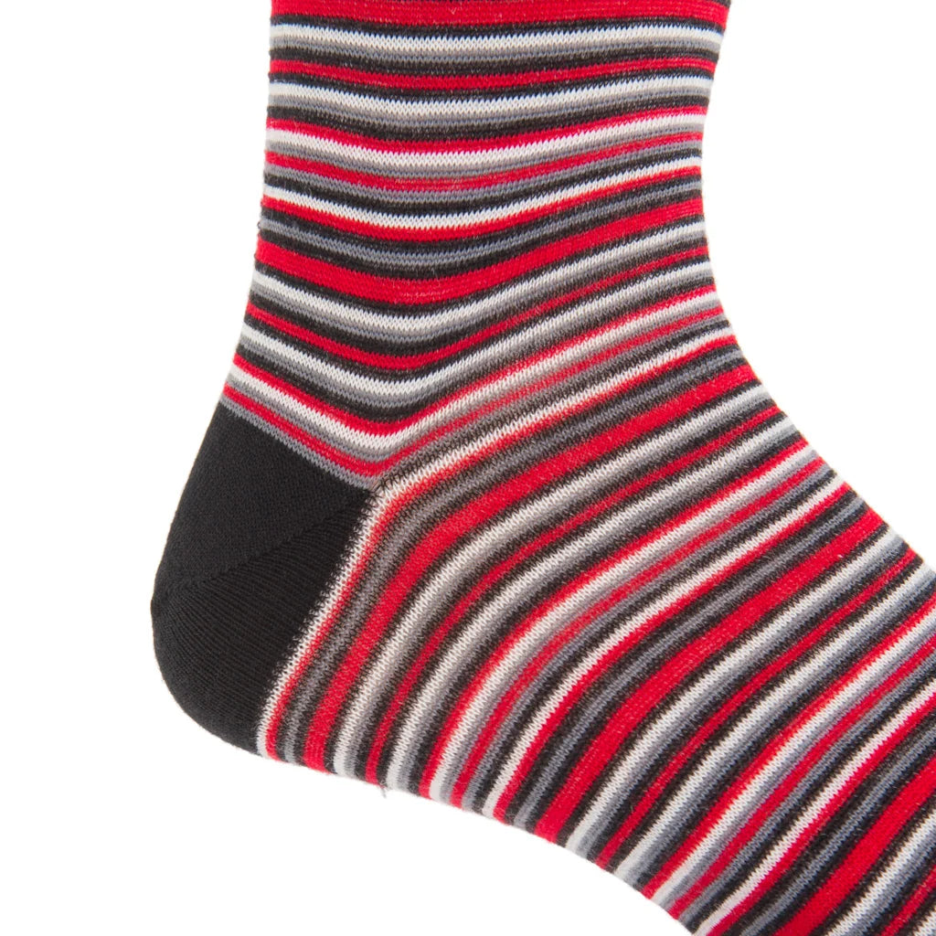 Dapper Classics Black with Red, White, and Charcoal Variegated Stripe Fine Merino Wool Sock Linked Toe