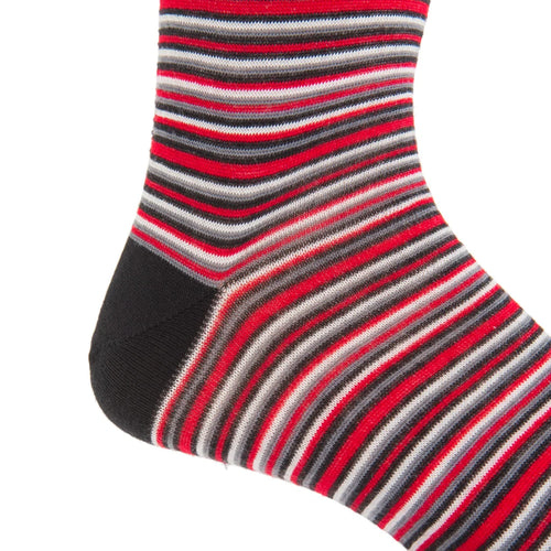 Dapper Classics Black with Red, White, and Charcoal Variegated Stripe Fine Merino Wool Sock Linked Toe