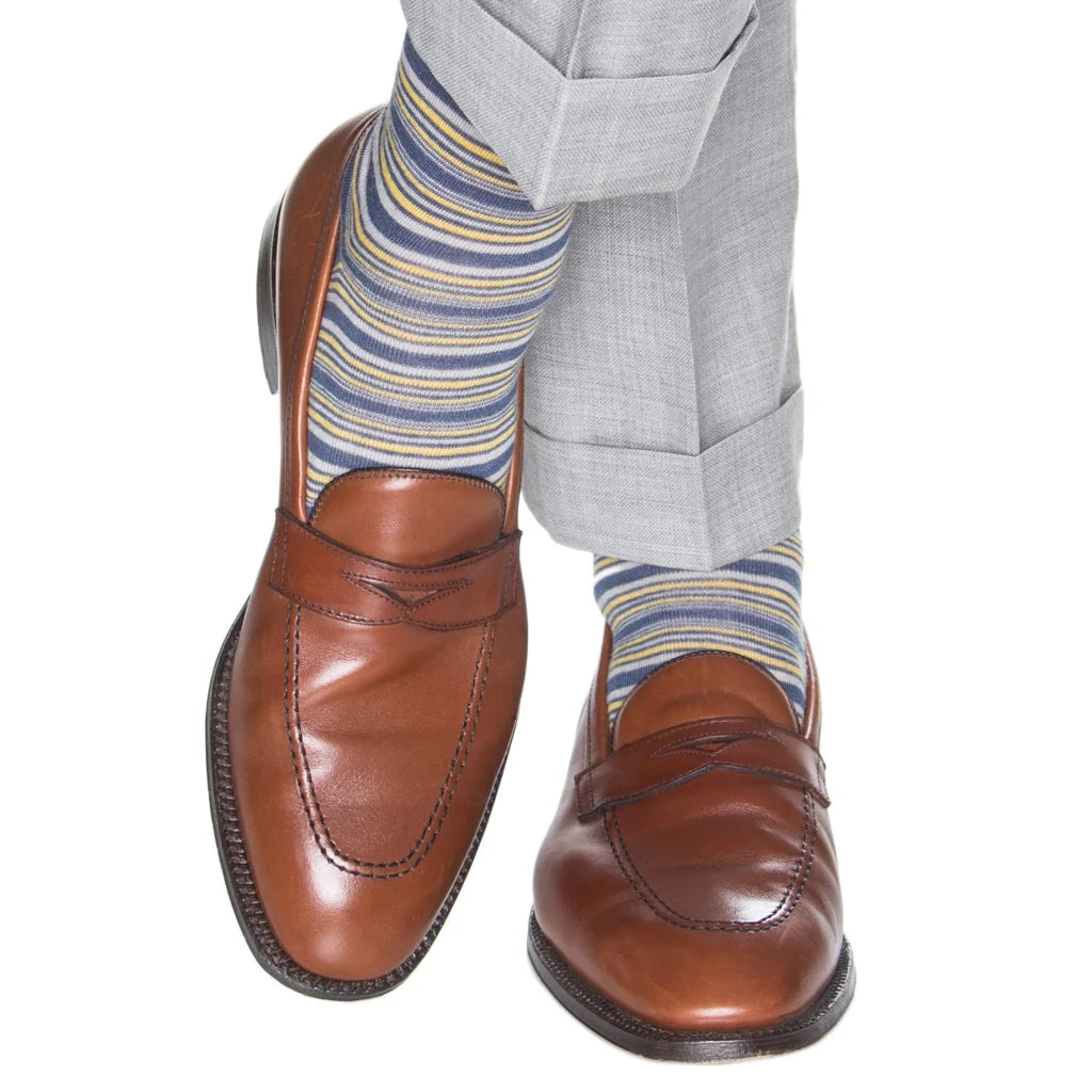 Dapper Classics Bay with Saffron and Ash Variegated Stripe Fine Merino Wool Sock Linked Toe