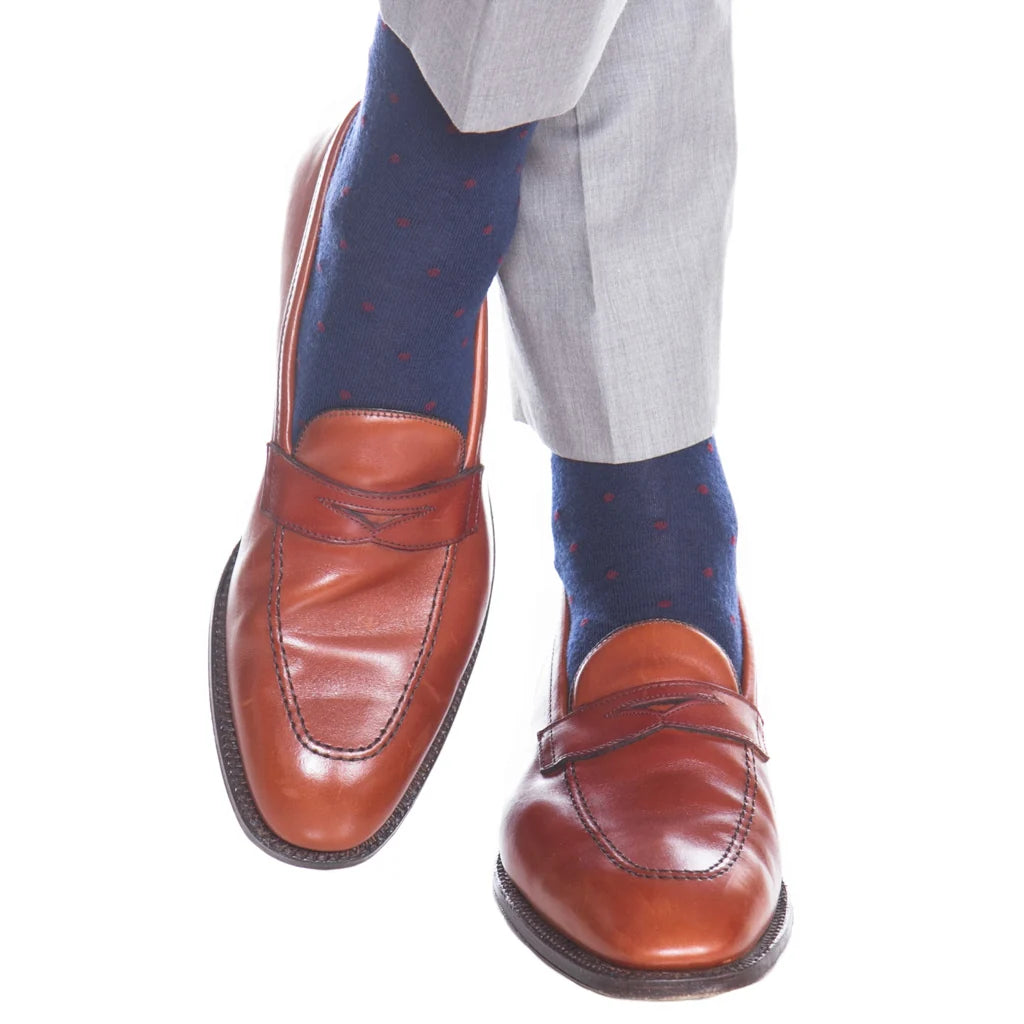 Dapper Classics Dress Navy with Burgundy Dots Fine Merino Wool Sock Linked Toe