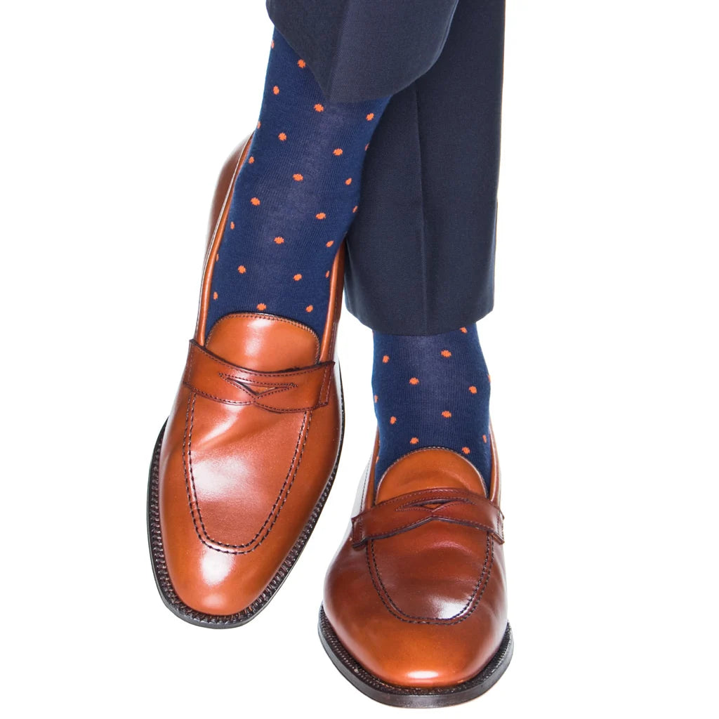 Dapper Classics Dress Navy with Burnt Orange Dots Fine Merino Wool Sock Linked Toe