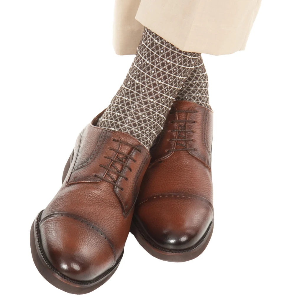 Dapper Classics Coffee Brown with Tan and Cream Diamond Marquis Cotton Sock with Linked Toe