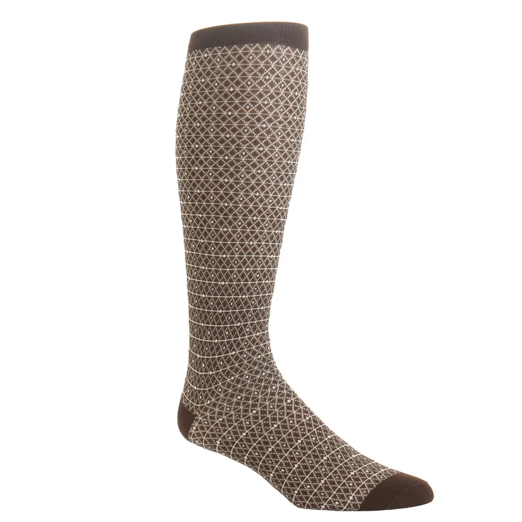 Dapper Classics Coffee Brown with Tan and Cream Diamond Marquis Cotton Sock with Linked Toe