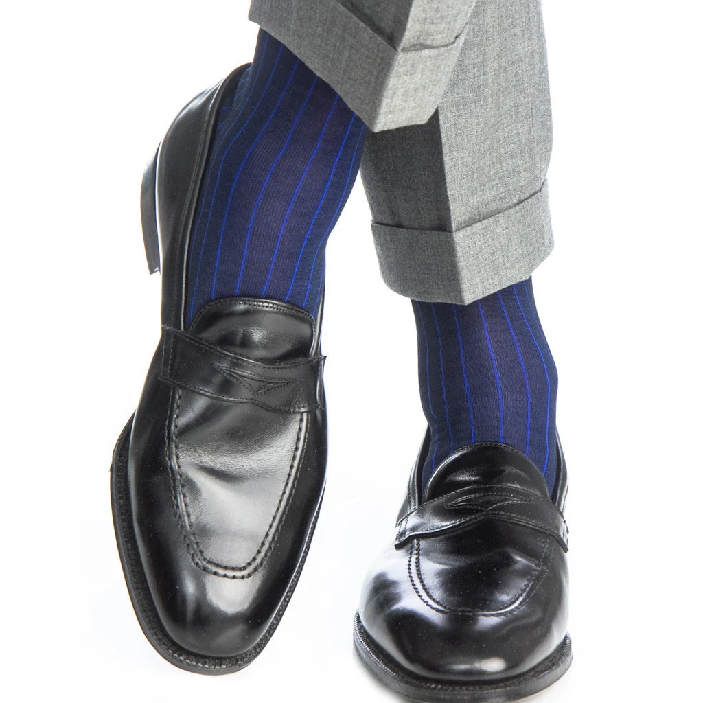 Dapper Classics Navy with Clematis Vertical Stripe Cotton Sock with Linked Toe