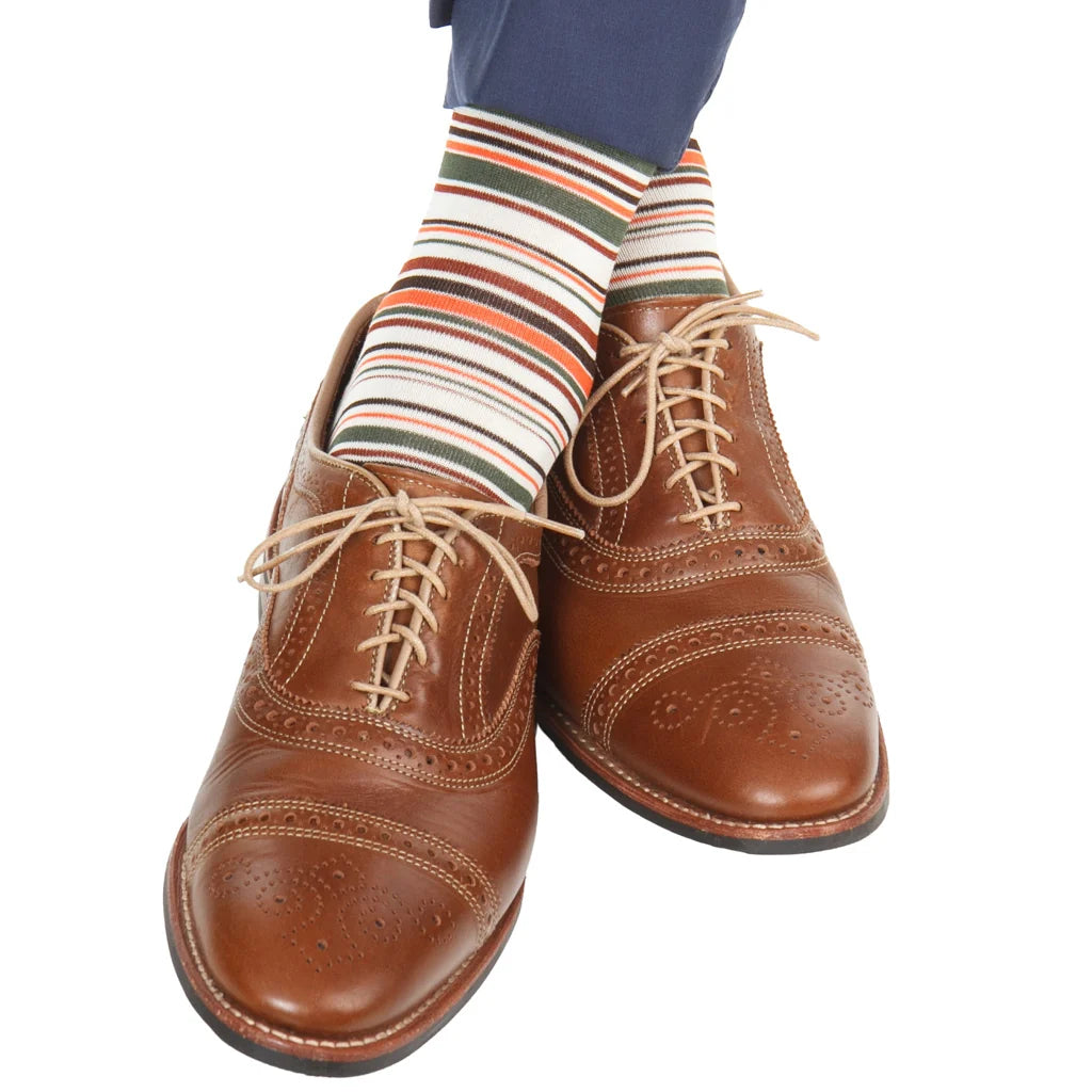 Dapper Classics Coffee Brown, Cream, Orange, Forest Green, Whiskey Variegated Stripe Cotton Sock with Linked Toe