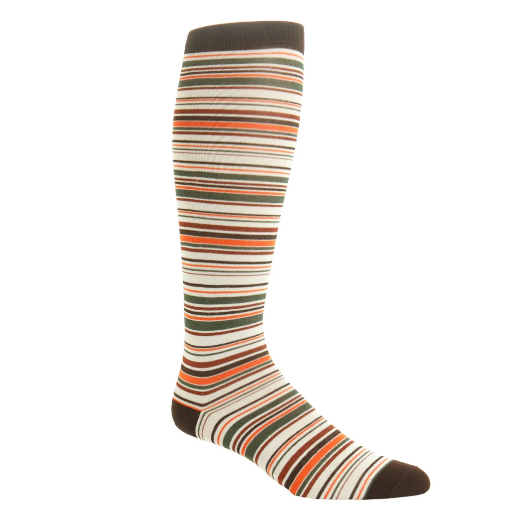 Dapper Classics Coffee Brown, Cream, Orange, Forest Green, Whiskey Variegated Stripe Cotton Sock with Linked Toe