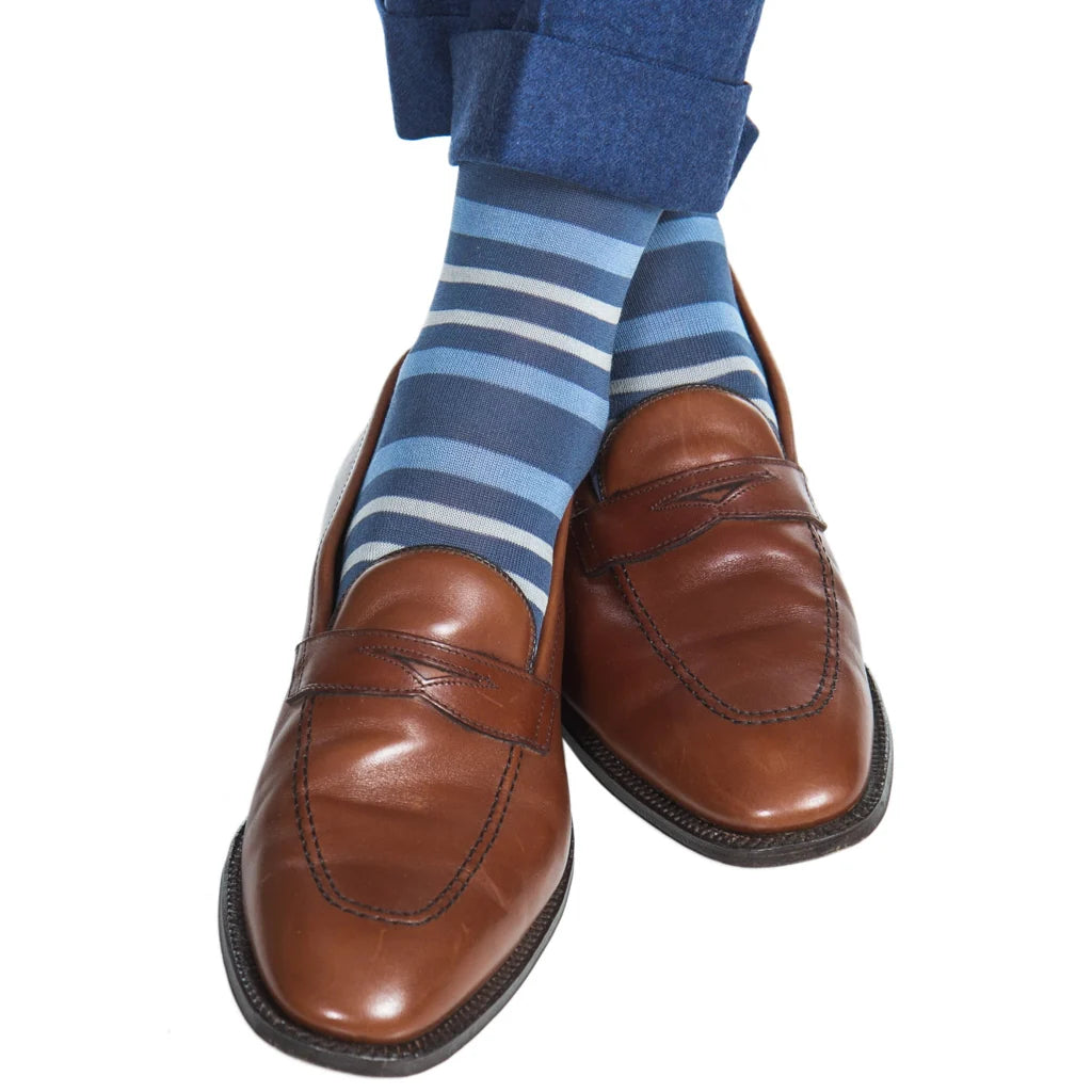 Dapper Classics Indigo with Azure and Ash Double Stripe Cotton Sock Linked Toe