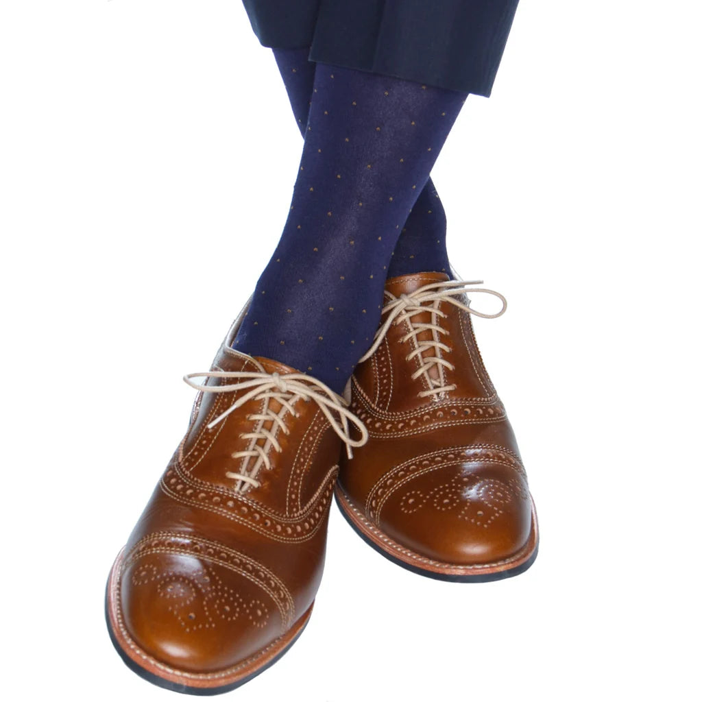 Dapper Classics Classic Navy with Gold Pin Dots Cotton Sock Linked Toe Mid-Calf