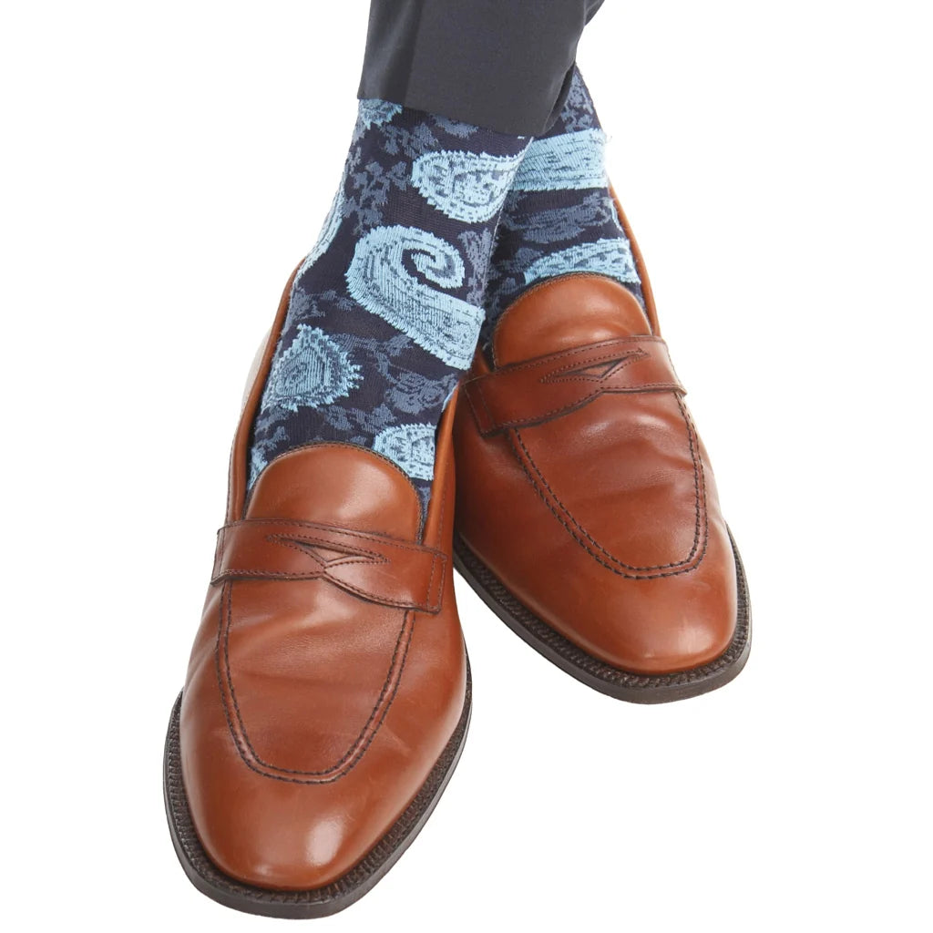 Dapper Classics Classic Navy with Sky Blue Paisley Cotton Sock Linked Toe