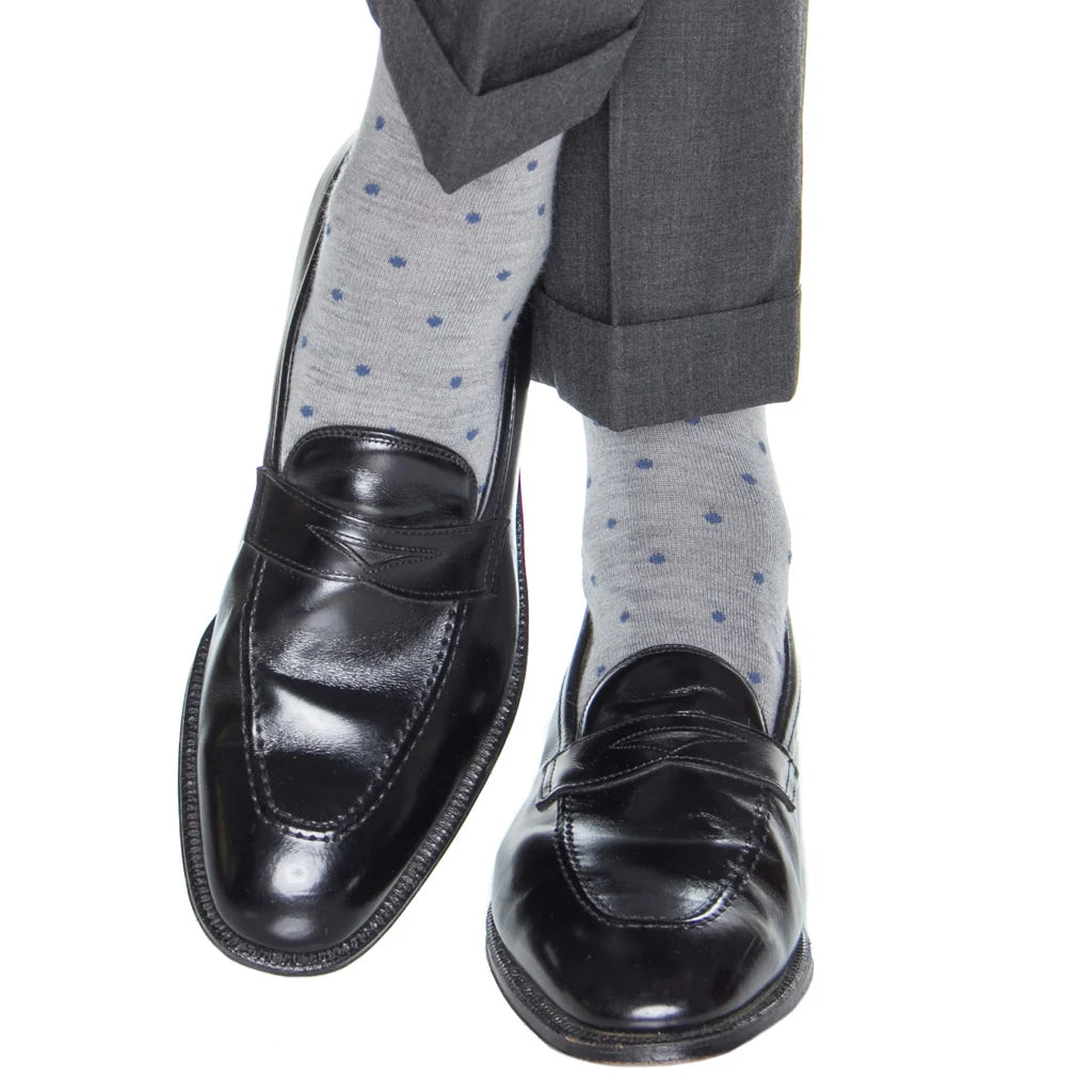 Dapper Classics Ash with Bay Blue Dots and Bay Blue Tipping Fine Merino Wool Sock Linked Toe