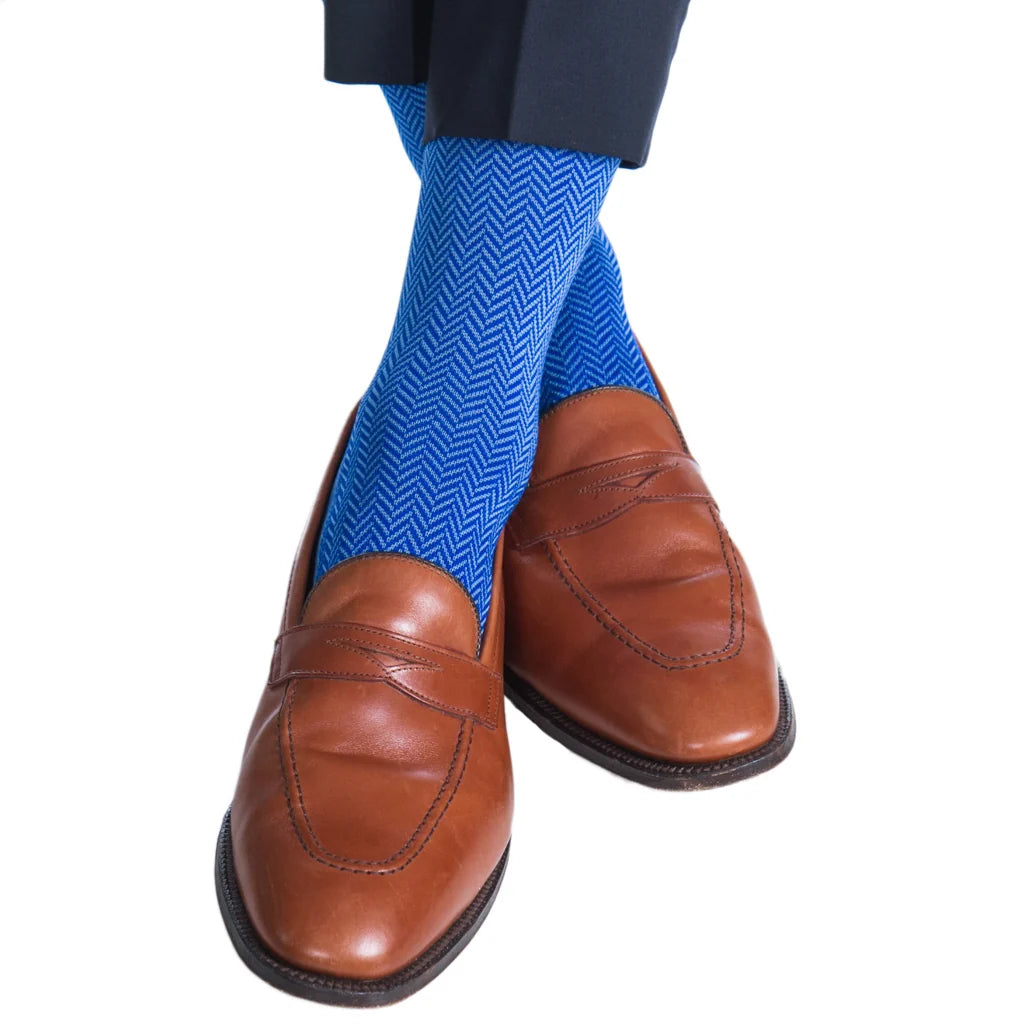 Dapper Classics Azure and Clematis Herringbone Cotton Sock Linked Toe