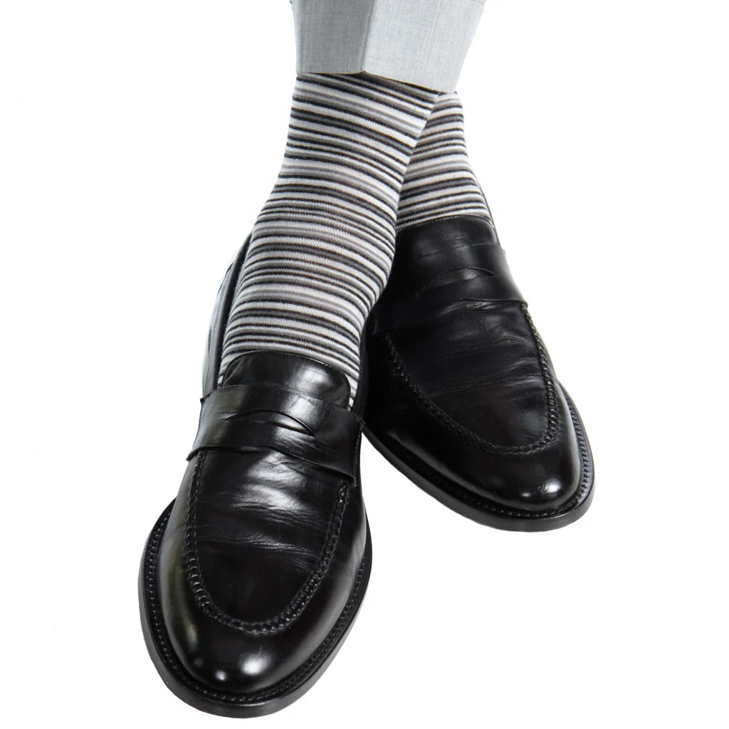 Dapper Classics Black with Charcoal, Ash, and White Variegated Stripe Fine Merino Wool Sock Linked Toe