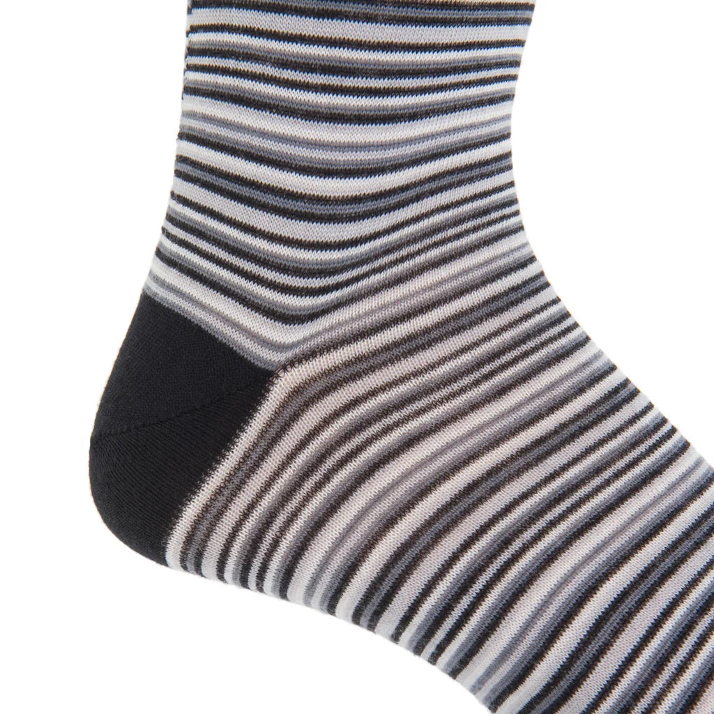 Dapper Classics Black with Charcoal, Ash, and White Variegated Stripe Fine Merino Wool Sock Linked Toe