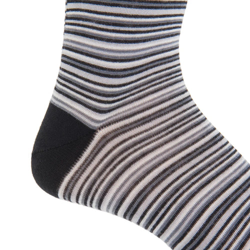 Dapper Classics Black with Charcoal, Ash, and White Variegated Stripe Fine Merino Wool Sock Linked Toe