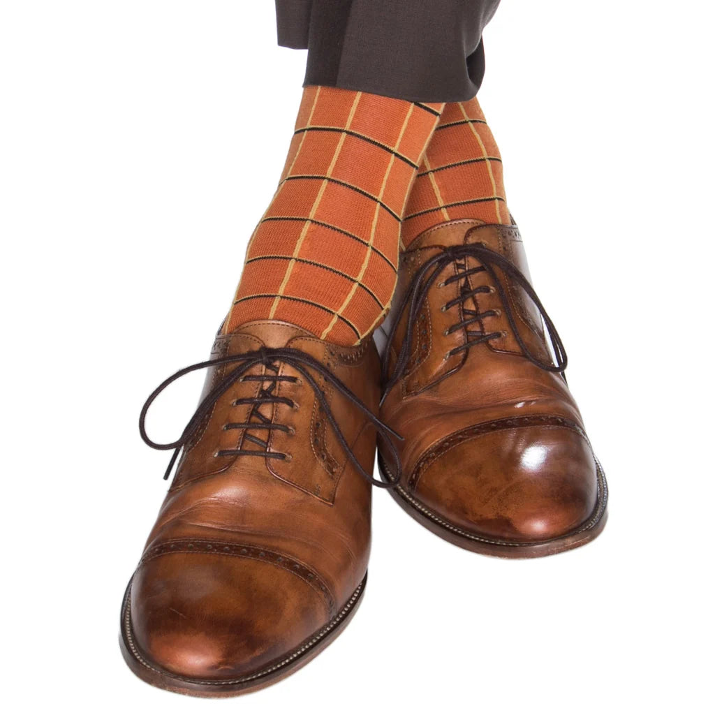 Dapper Classics Burnt Orange with Yolk and Black Windowpane Fine Merino Wool Sock Linked Toe