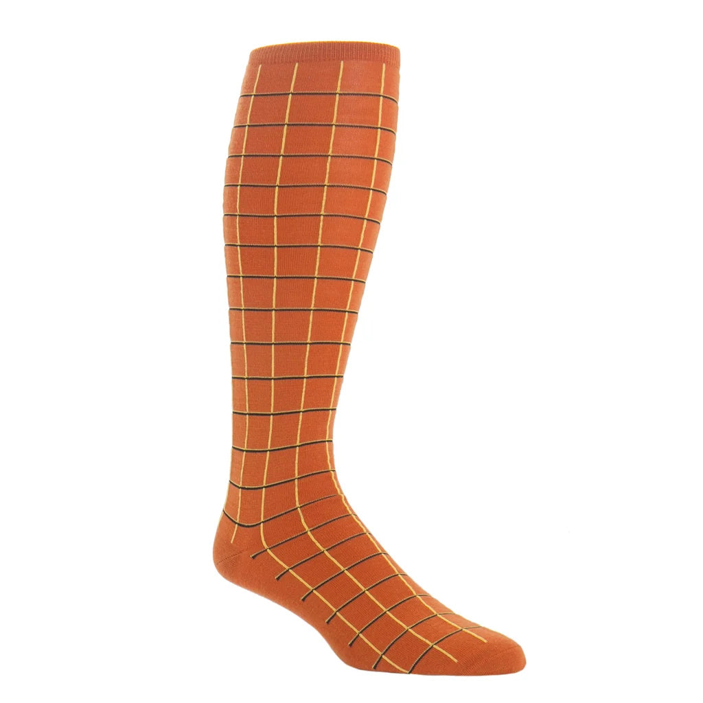 Dapper Classics Burnt Orange with Yolk and Black Windowpane Fine Merino Wool Sock Linked Toe
