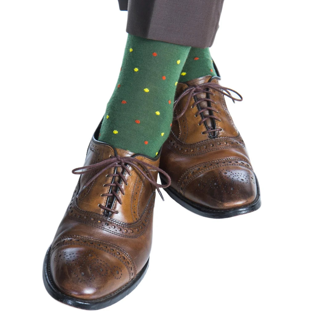 Dapper Classics Pine Green with Saffron and Burnt Orange Dot Merino Wool Sock Linked Toe