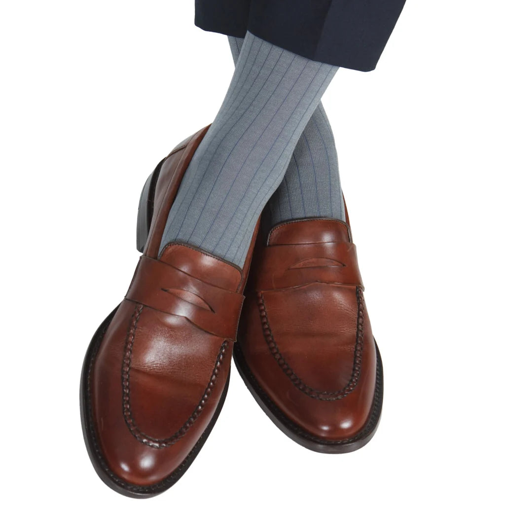 Dapper Classics in Mercerized Cotton Steel Gray with Indigo Blue Vertical Stripes