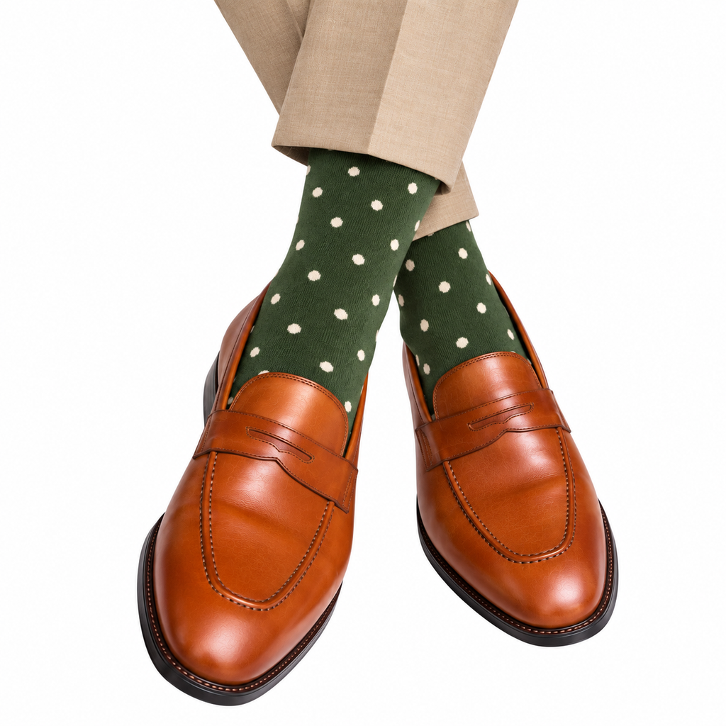 Dapper Classics Hosiery in Mercerized Cotton Forest Green with Cream Dots